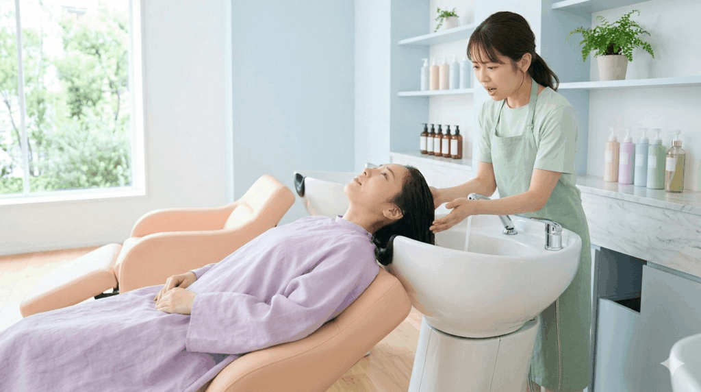 シャンプー中にお客様が頭を上げてしまい困っている美容師の様子