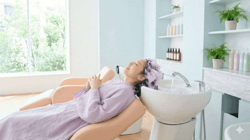 美容室のシャンプーで気持ちよさそうにリラックスしている女性