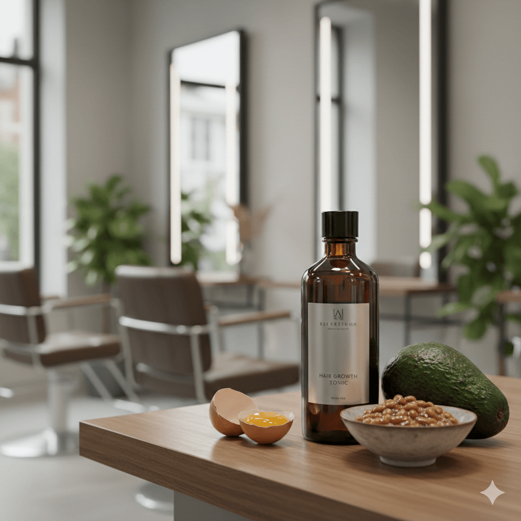 美容室のカウンターに置かれた育毛剤と、髪の栄養となる卵・納豆・アボカド。生活習慣と商品の相乗効果をイメージ。