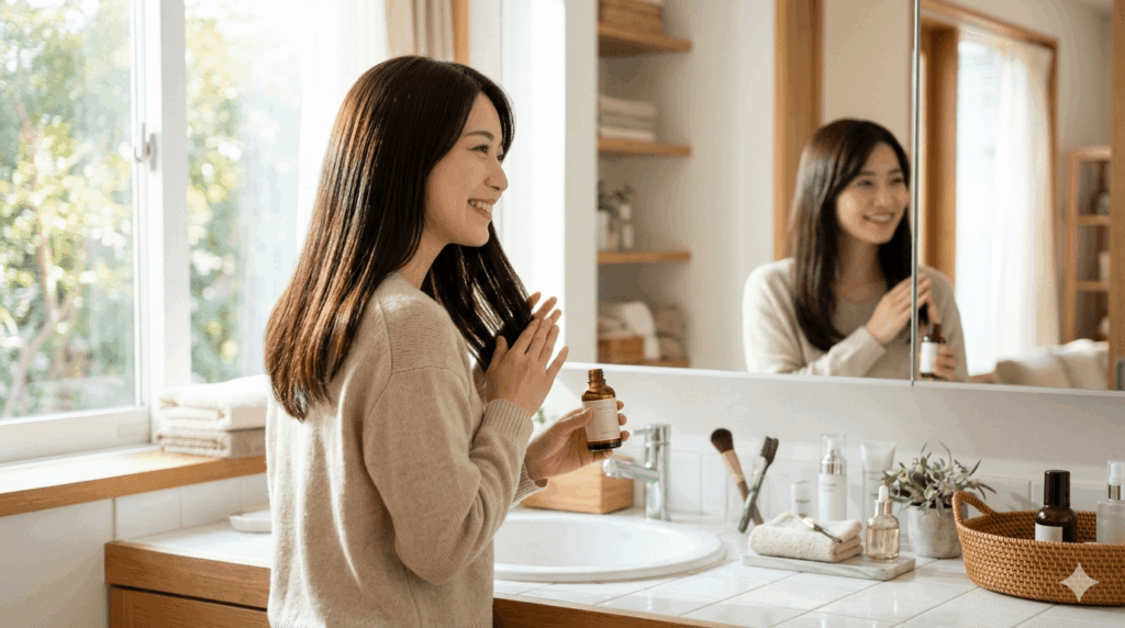 自宅でヘアオイルを使ってホームケアをしている女性