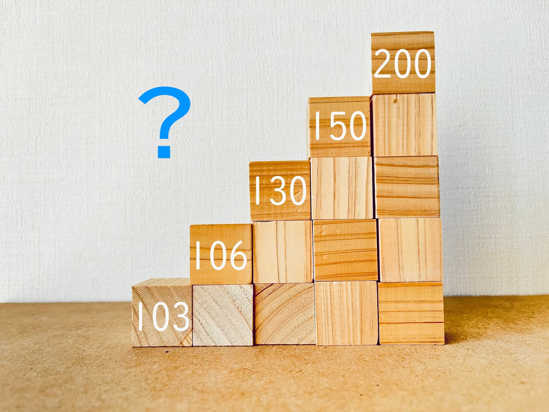 積み木を使って投資の成長を可視化したイメージ。疑問符が次のステップの不確実性を表している。