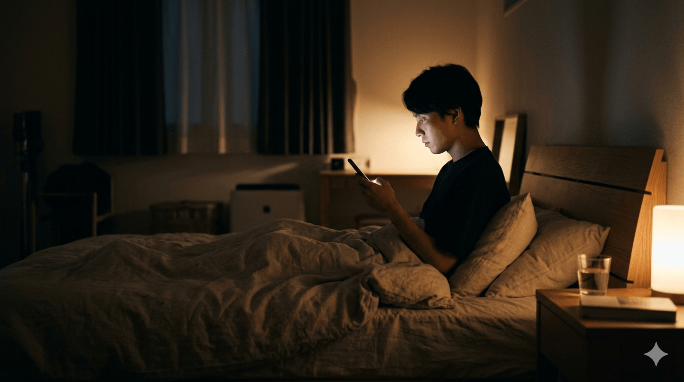寝る前スマホで睡眠の質が下がる様子のアイキャッチ