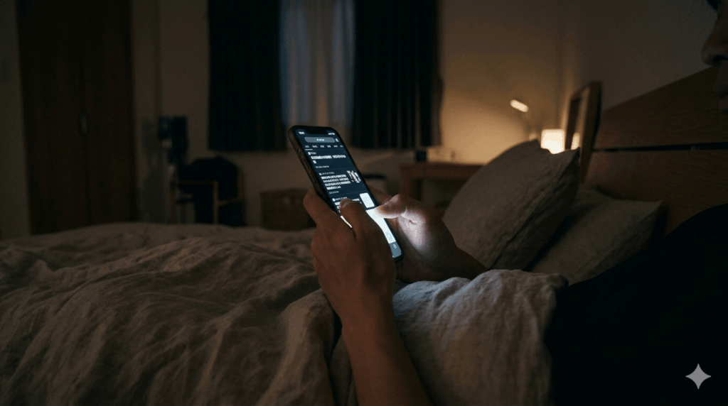 暗い寝室でスマホを操作する手元の写真