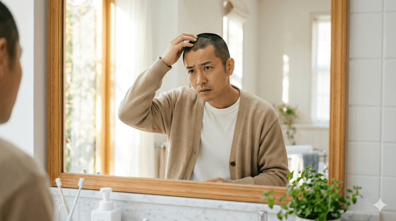 坊主頭の髪を鏡の前で触りながら髪質を気にする男性の写真