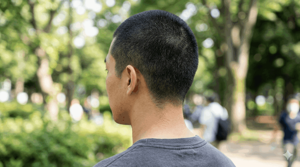 坊主頭の男性の刈り上げ部分をクローズアップした写真