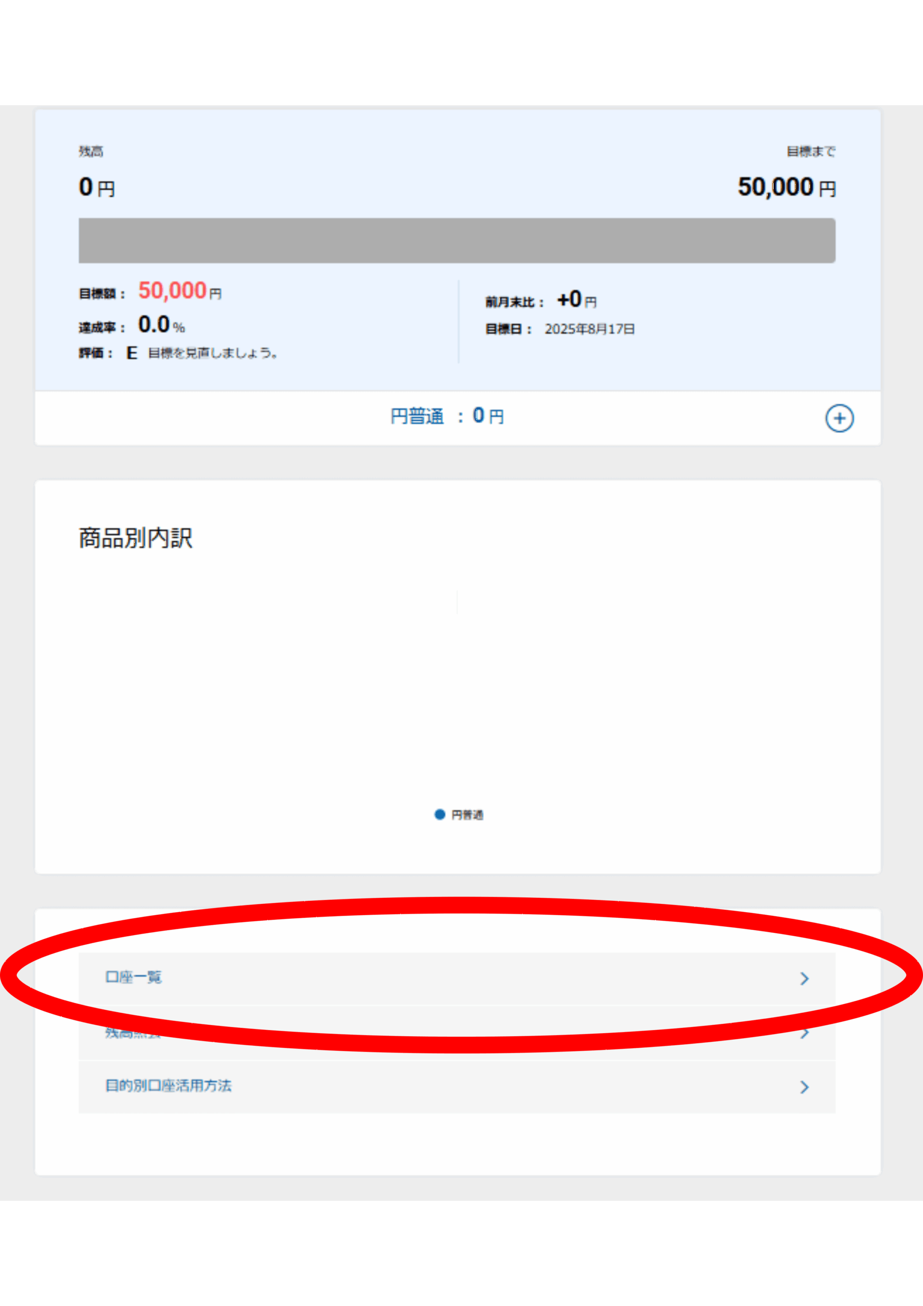 SBI証券の目的別口座画面。目標金額や口座一覧が表示されているイメージ。