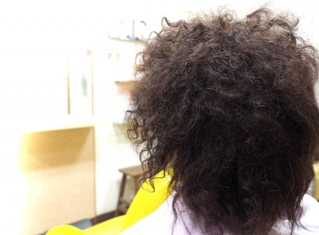 縮毛矯正前の強いくせ毛で広がった髪の状態
