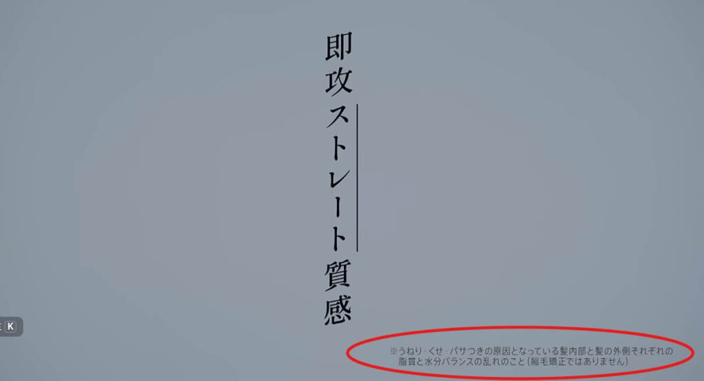 Straine（ストレイン）公式サイトの「ストレート補修」に対する注釈「うるおいにより、髪の質感を整えること」の拡大画像