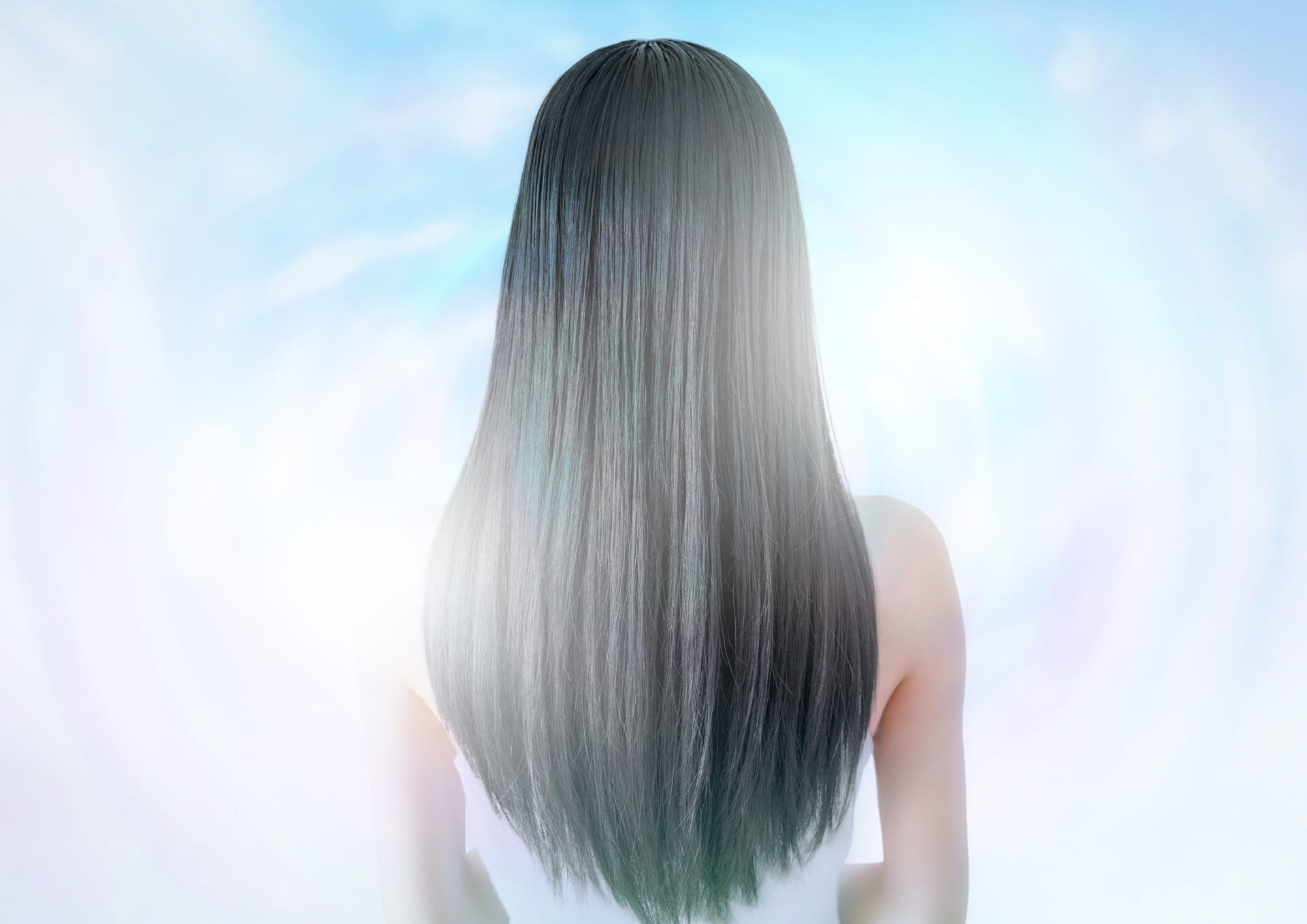 Straine（ストレイン）使用後のイメージとされる、光沢のある美しいストレートヘアの背後画像