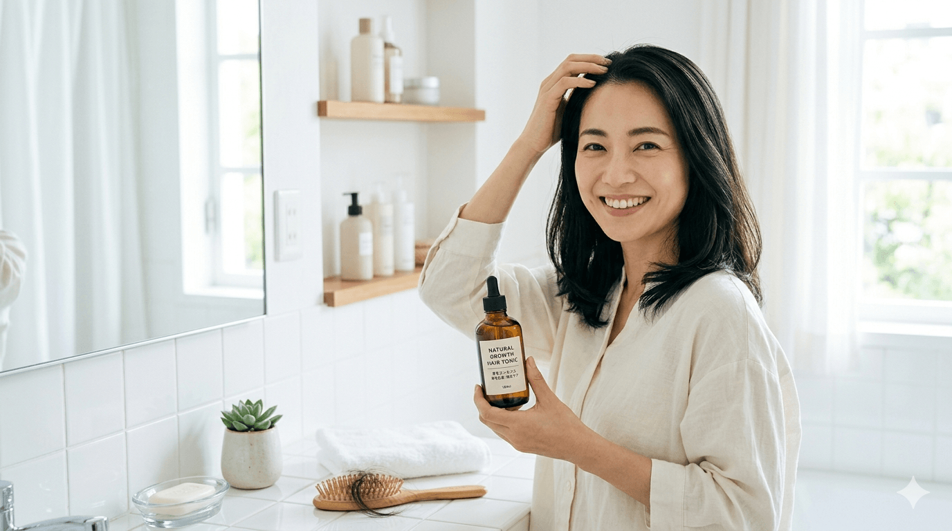 育毛剤と頭皮ケアのイメージ写真・生活習慣で育毛効果を高める