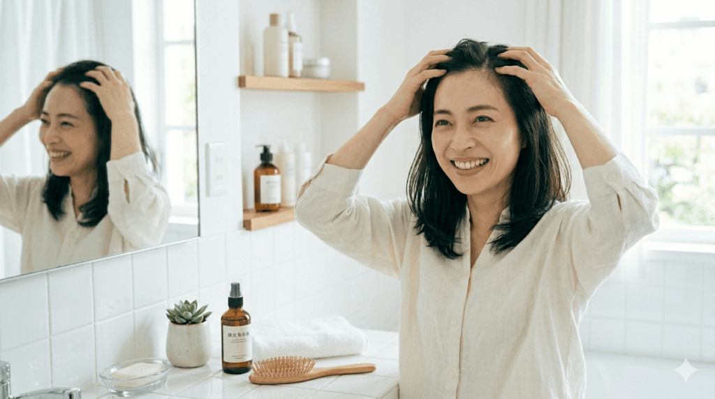 頭皮マッサージで育毛ケアをする女性・生活習慣改善で育毛効果アップ