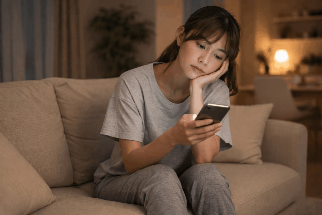 運動できずにソファでくつろぐ女性・自宅運動が続かない悩み