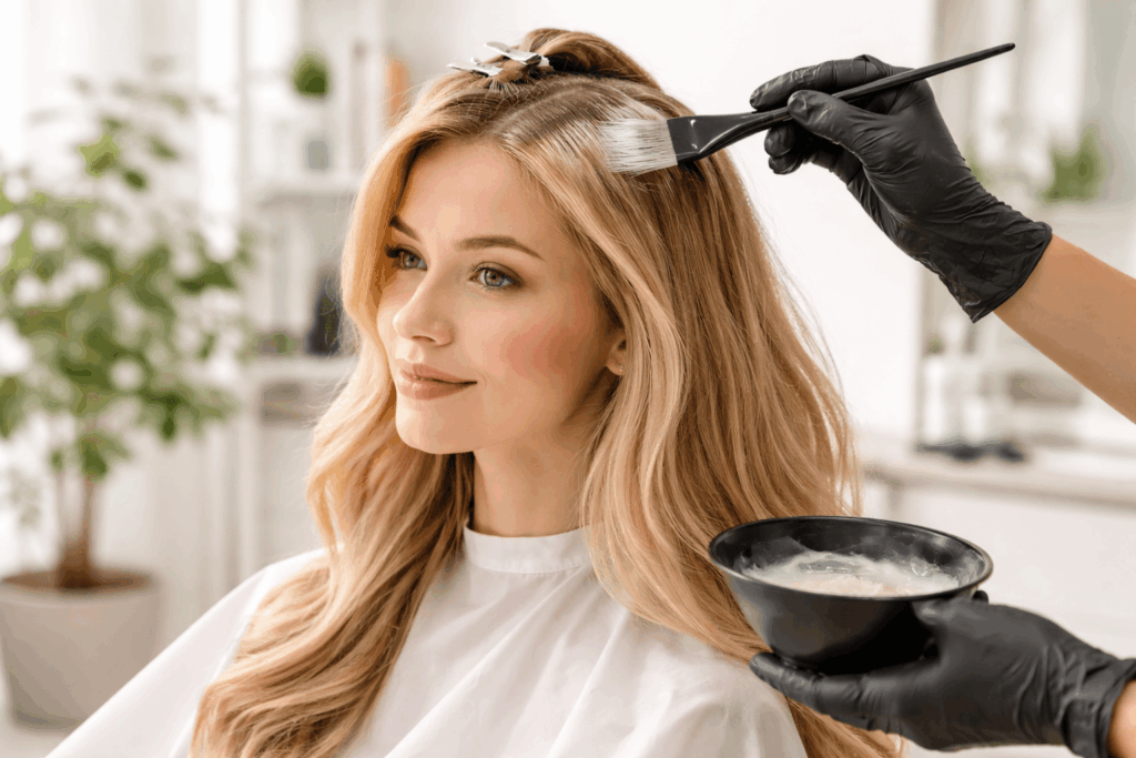 ヘアカラーの仕組みを説明するサロン施術の画像