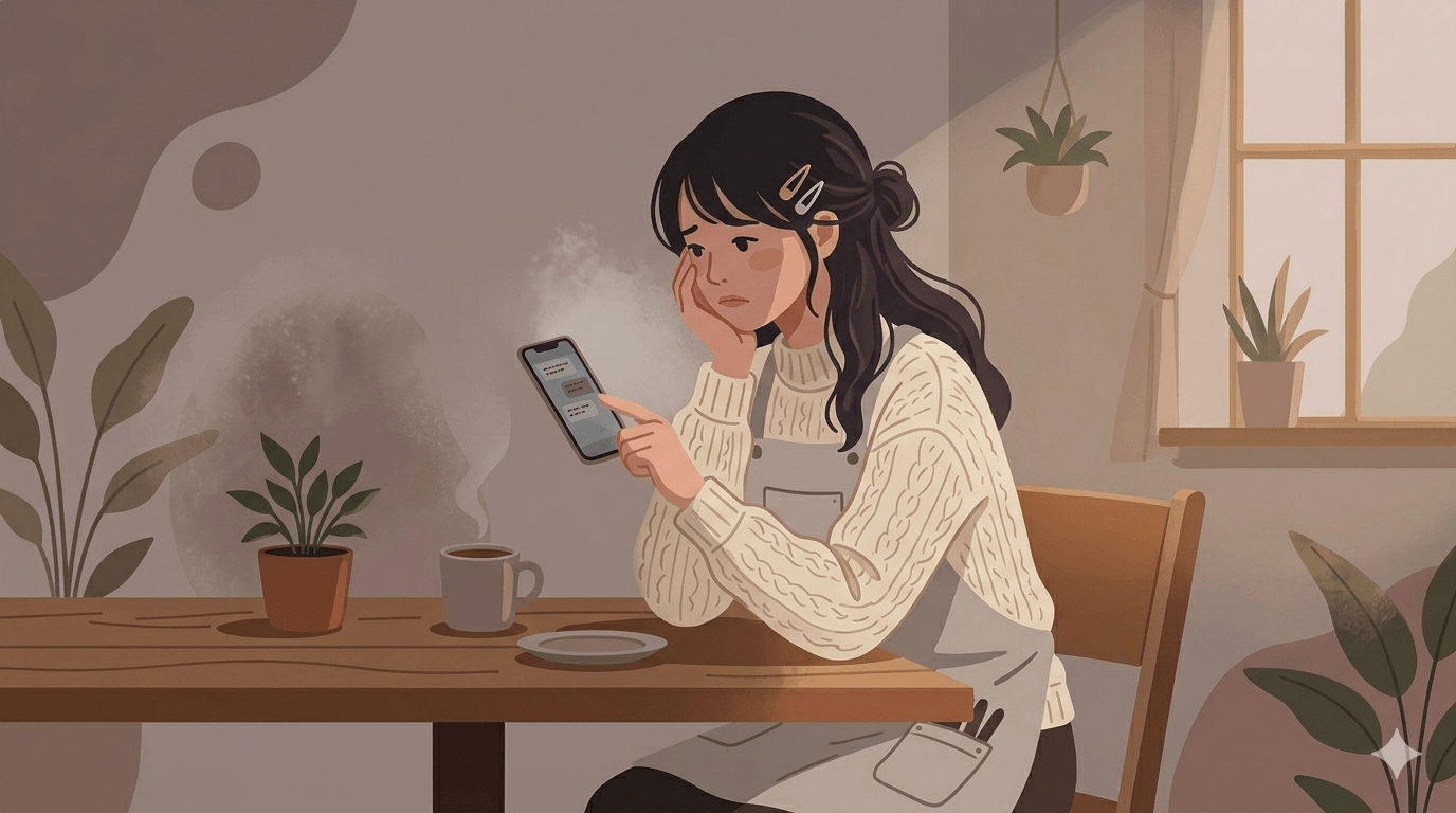 美容師がスマホで退職代行を調べているイラスト