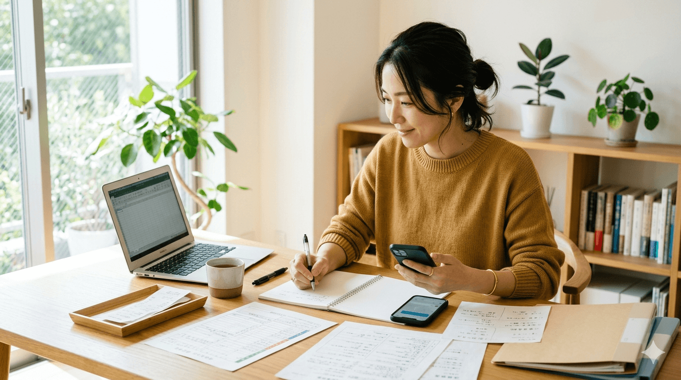 業務委託美容師が確定申告の経費を整理する女性