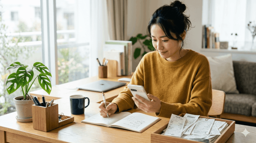 領収書を整理してクラウド会計ソフトで経費管理する女性