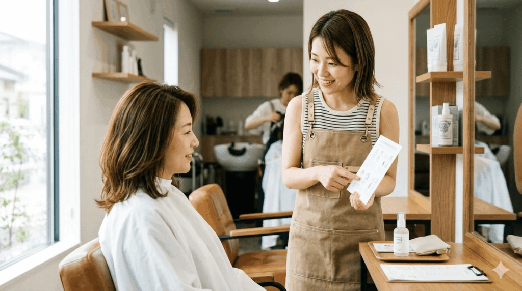 ホームケアを説明する担当美容師の信頼感あるシーン