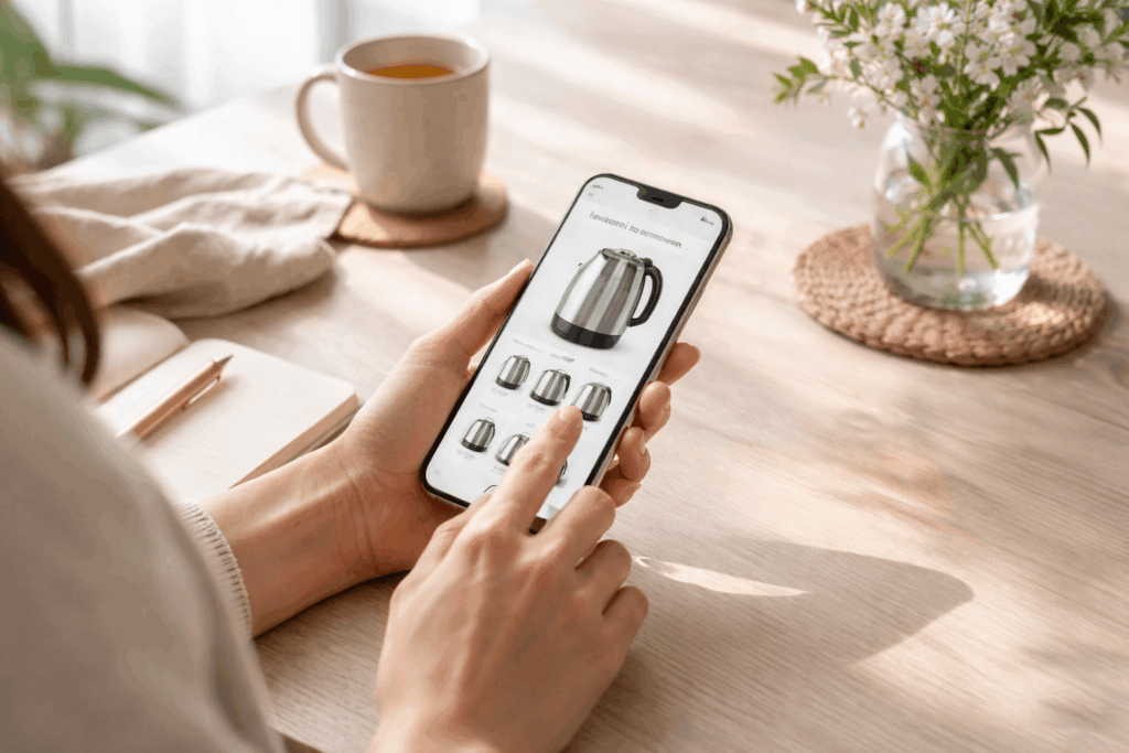 電気ケトルの選び方を調べる女性・2026年新安全基準