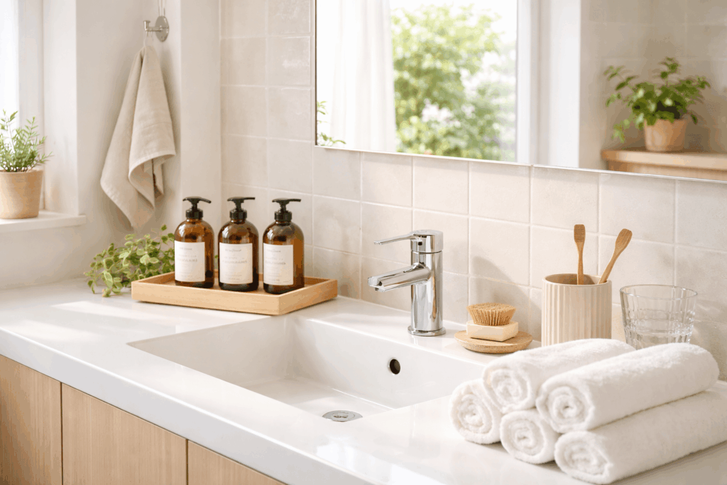 術後の自宅ヘアケアアイテムが並ぶ洗面台
