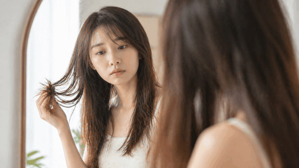 髪 紫外線 対策 紫外線で傷んだ毛先を確認する女性