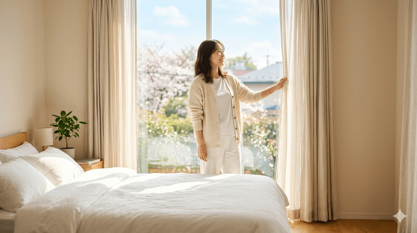 春の朝日を浴びてスッキリ目覚める女性・快眠習慣