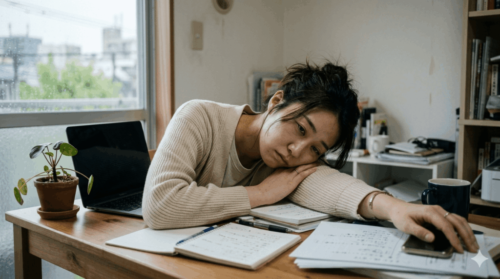 春の眠気で疲れた表情の女性・自律神経の乱れ
