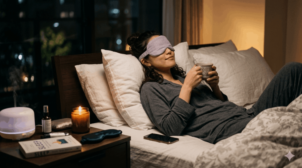ホットアイマスクで就寝前にリラックスする女性・快眠グッズ