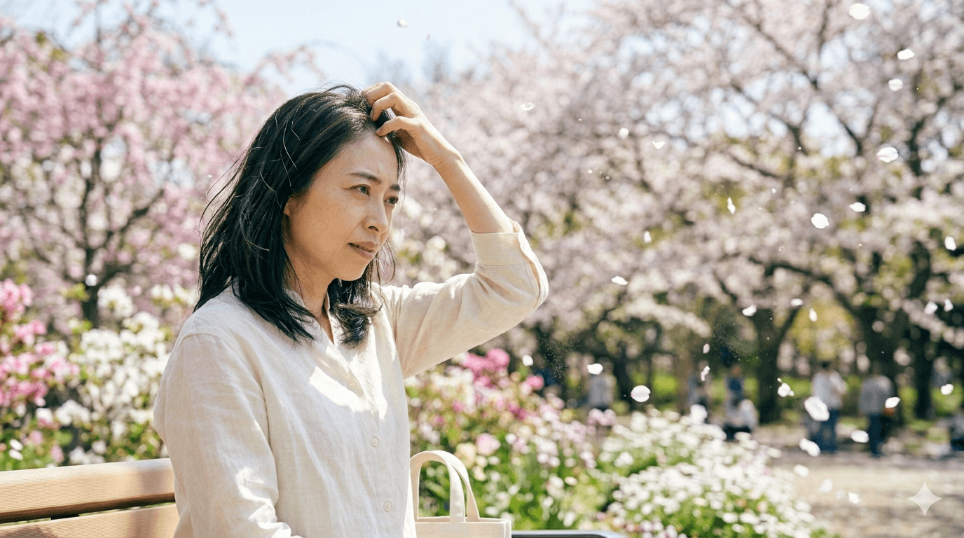 春の花粉で頭皮がかゆくなった女性が屋外で髪に手を当てているイメージ