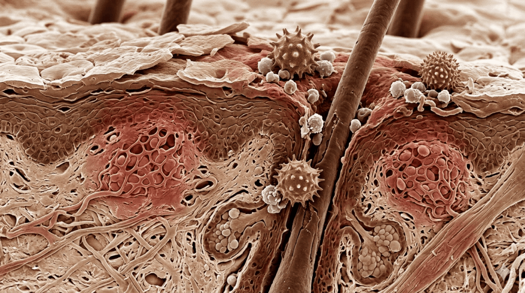 花粉が頭皮バリアを刺激してかゆみやフケを引き起こすメカニズムのイメージ