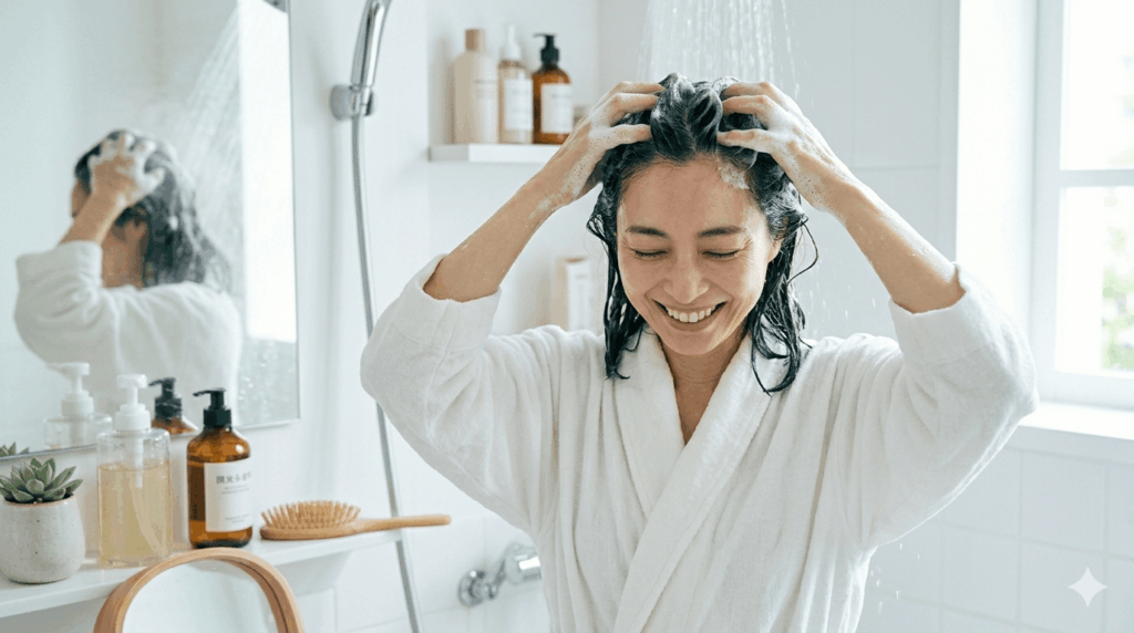 シャンプーで頭皮を丁寧にマッサージしながら花粉ケアをしている女性
