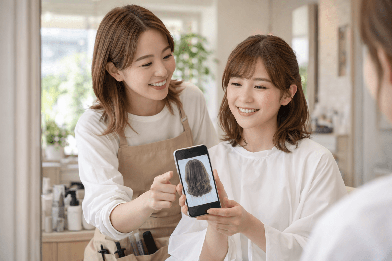 美容室で参考画像を使って理想の髪型をオーダーする女性