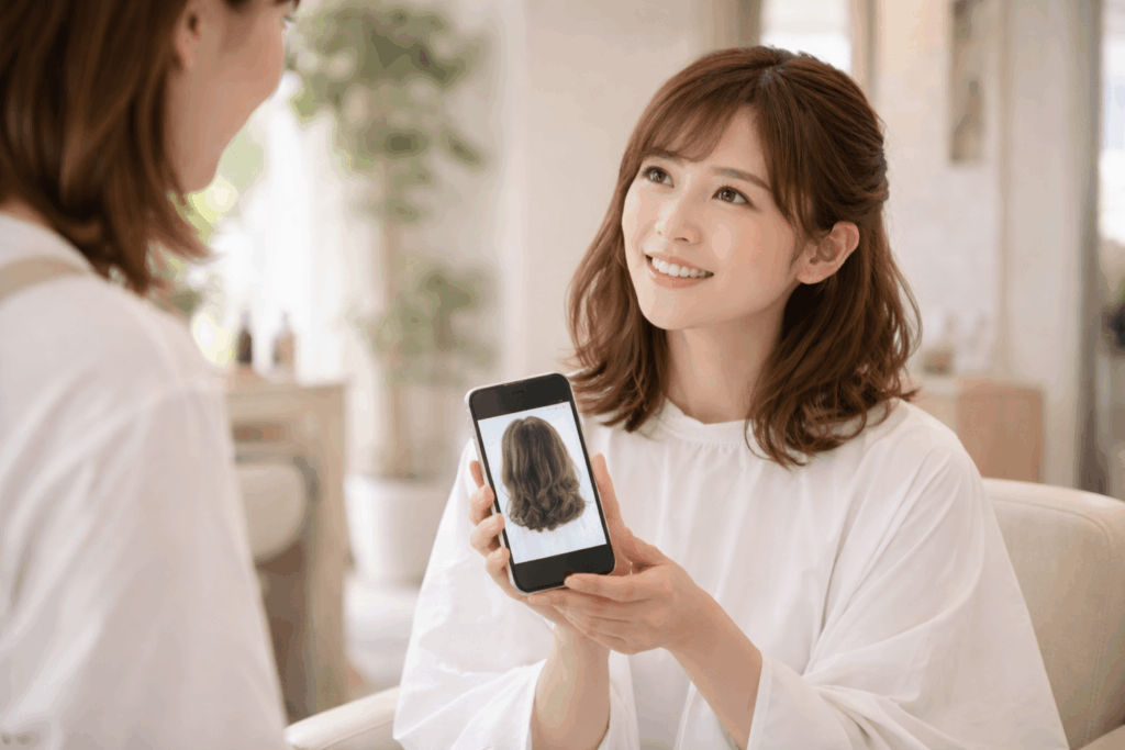 参考画像を使って美容師に上手にオーダーする女性