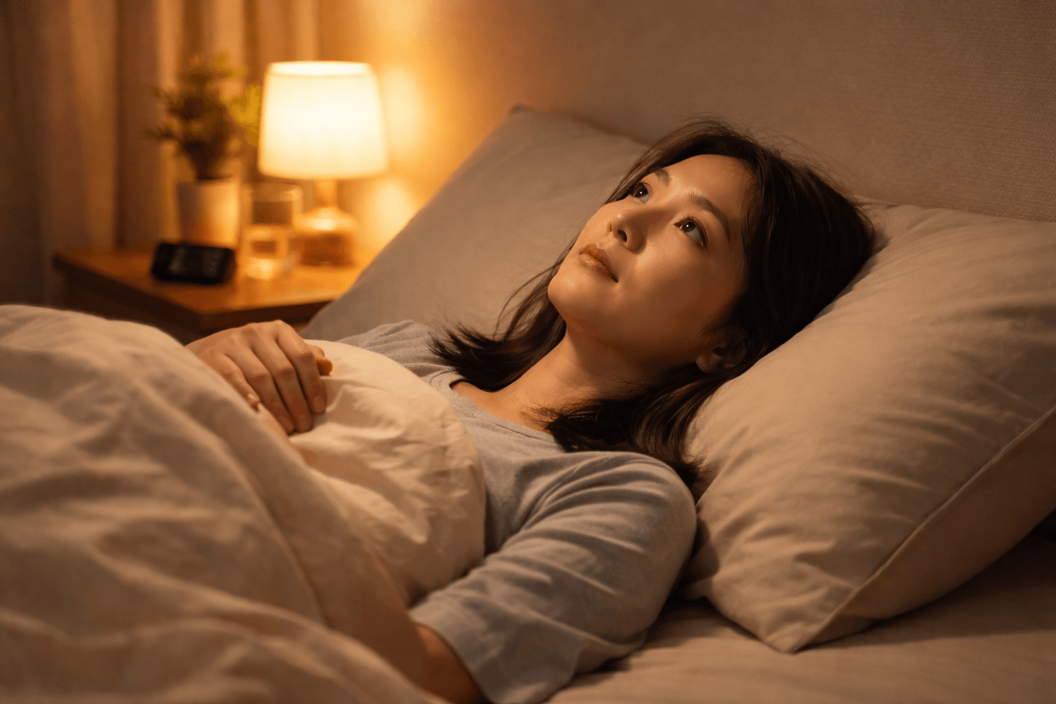 寝つきが悪い 原因 改善 布団の中で眠れない女性