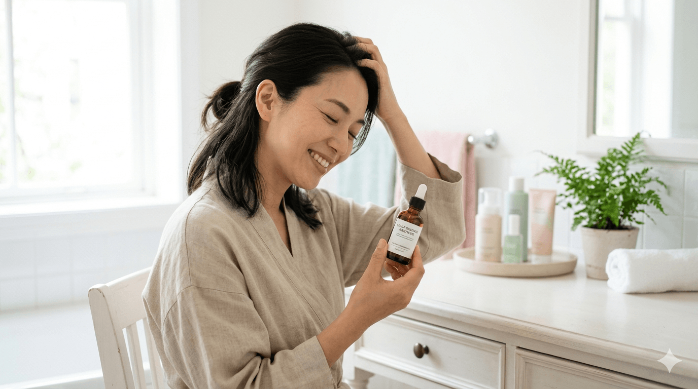 頭皮用美容液を手に取り、ケアをしながら笑顔を見せる女性
