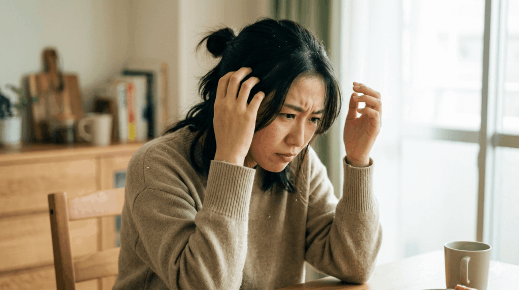 室内で頭皮をかきながら悩む女性の様子
