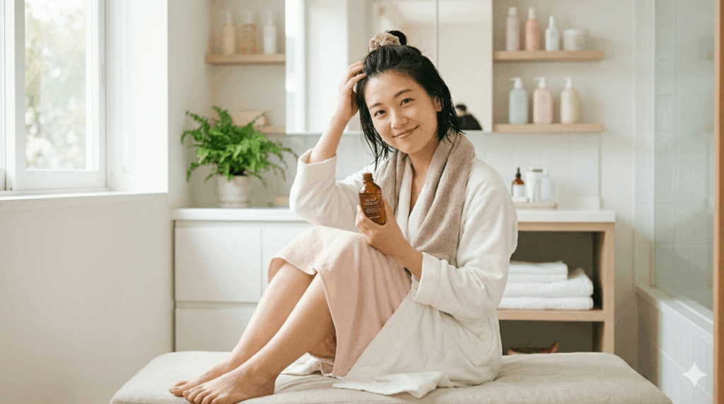 頭皮用美容液を手に持ち、リラックスしながらケアする女性