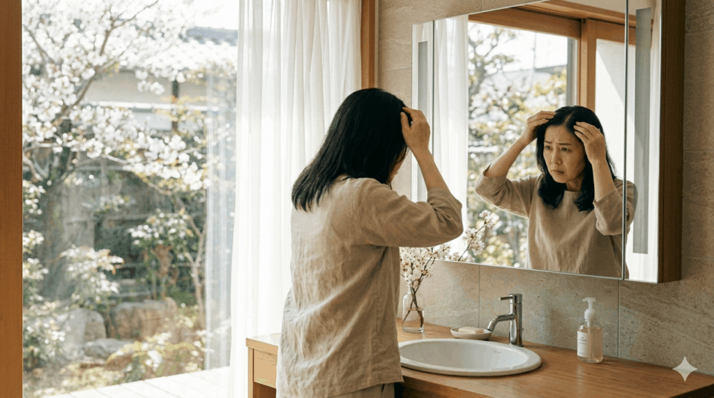 分け目の赤みや頭皮の日焼けトラブルに悩む女性