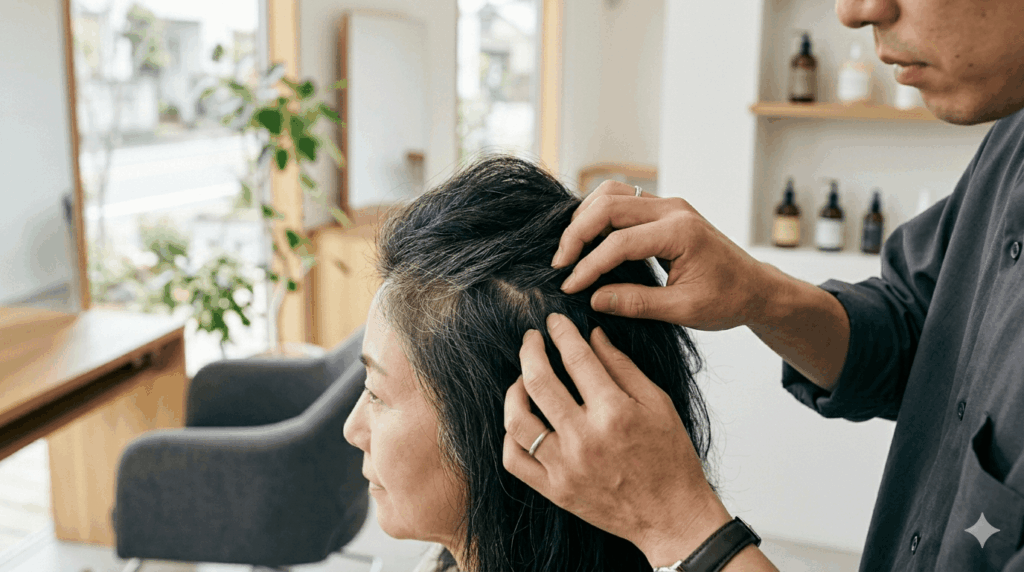 サロンでの頭皮チェックを受ける女性