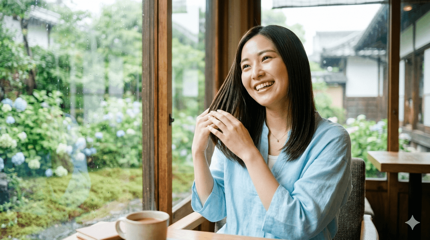 雨の日に窓際でサラサラの髪を触りながら笑顔の女性