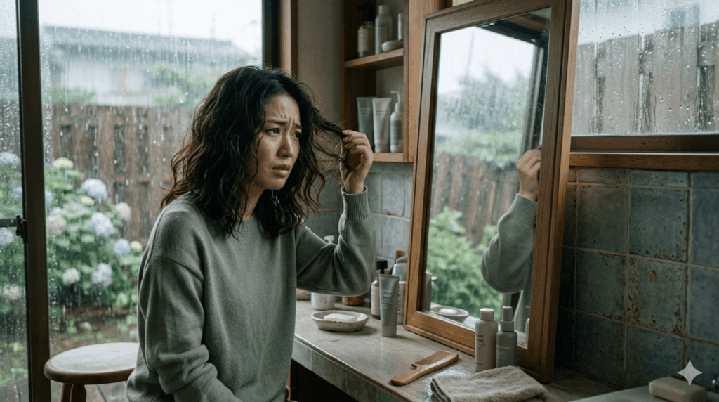 湿気で広がる髪に悩み、鏡の前で困った表情を見せる女性