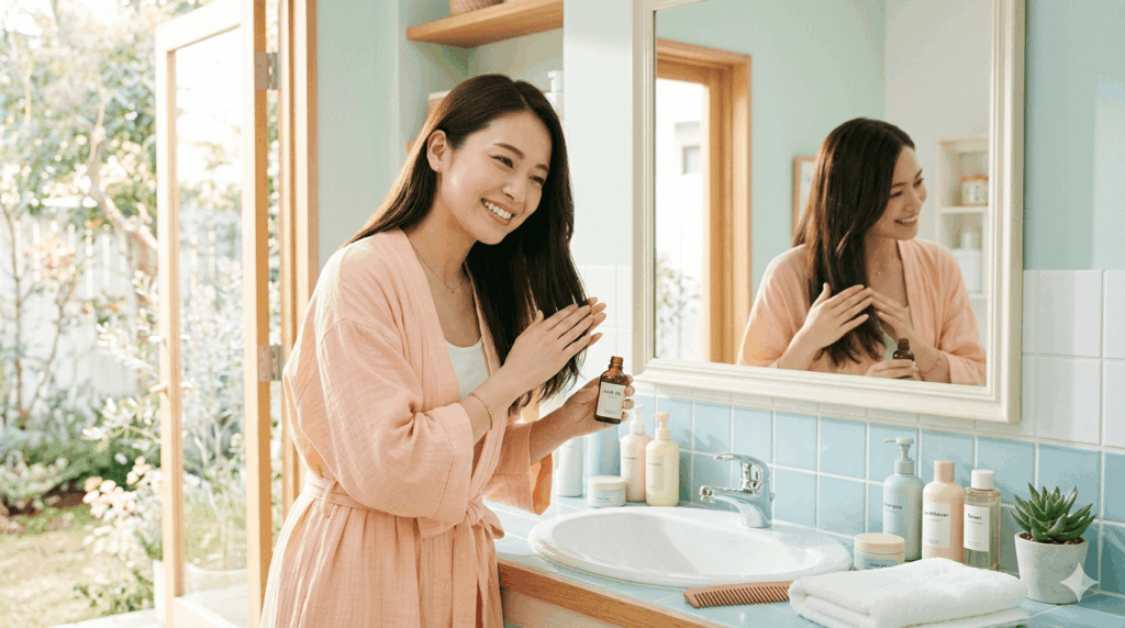 雨の日にうねる髪を気にして鏡の前で悩む女性