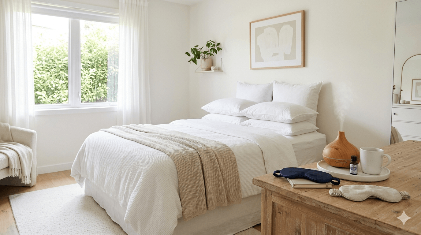 睡眠の質を上げるグッズが並んだ清潔感のある寝室