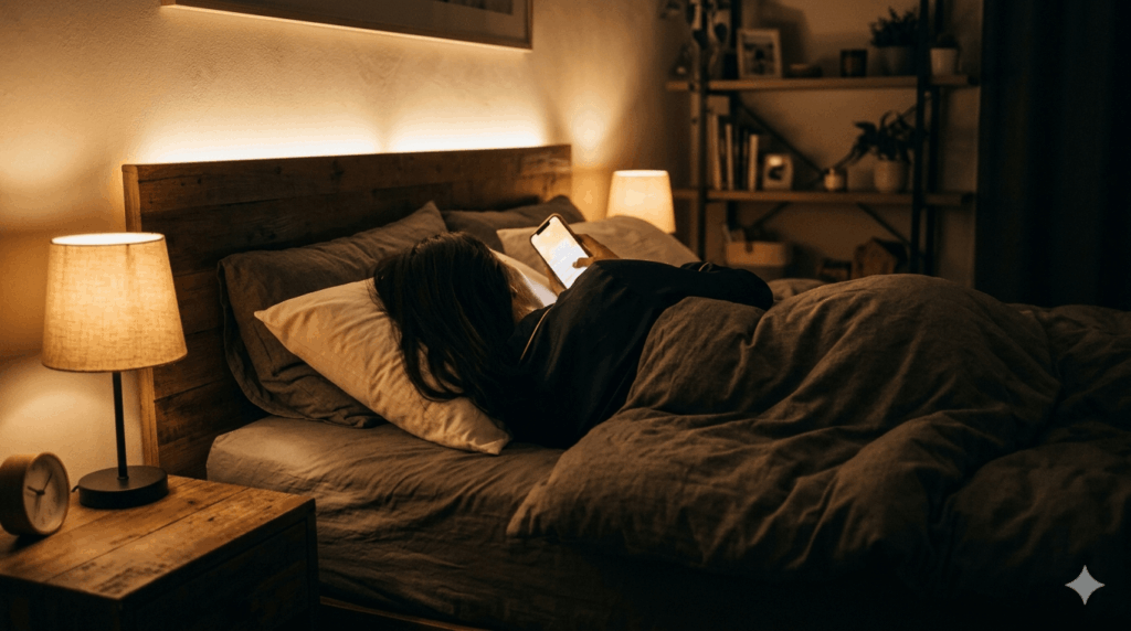 夜に布団の上でスマートフォンを見て眠れない様子