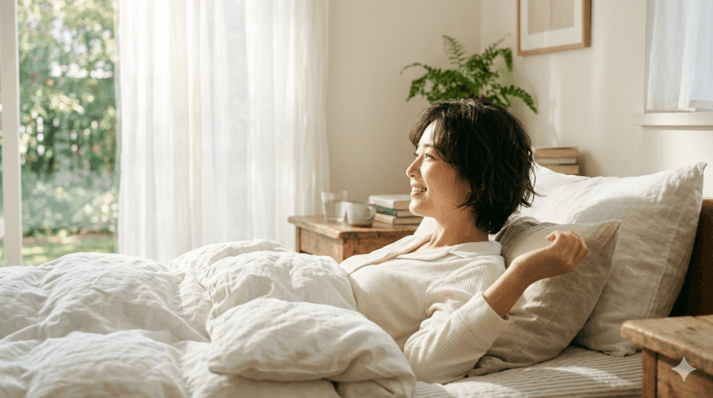 良質な睡眠で爽やかな朝を迎える女性の様子