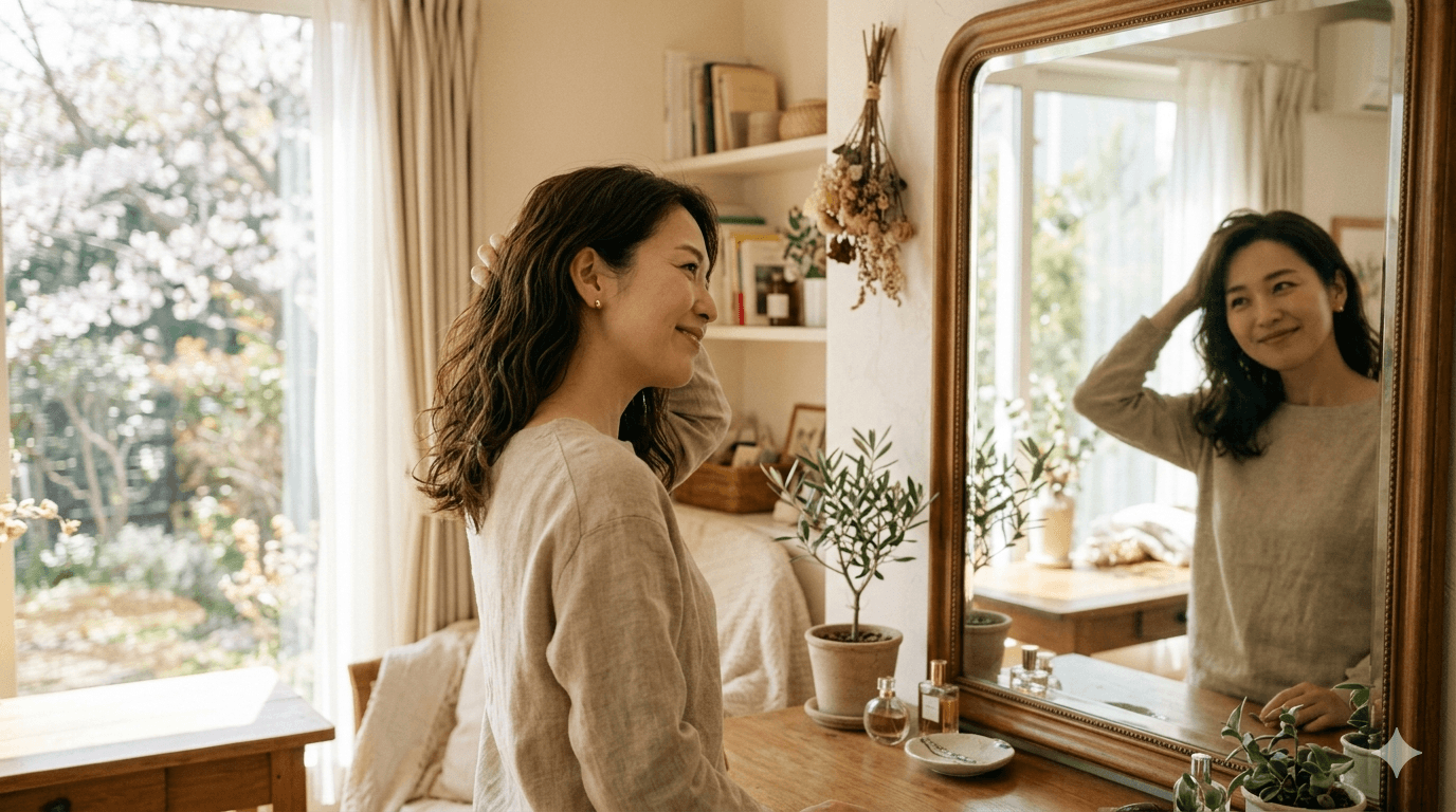 春の抜け毛ケアに悩む女性が鏡の前で髪を手ぐしする様子