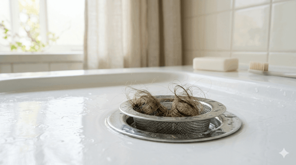 春の抜け毛が排水口にたまっている様子