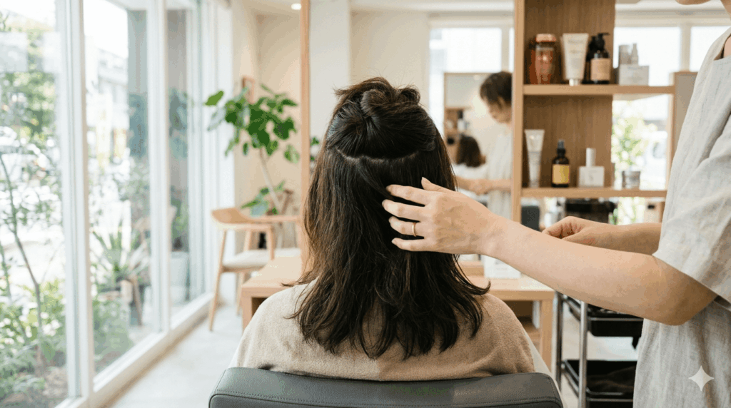 美容室で女性の頭皮を丁寧にチェックする様子
