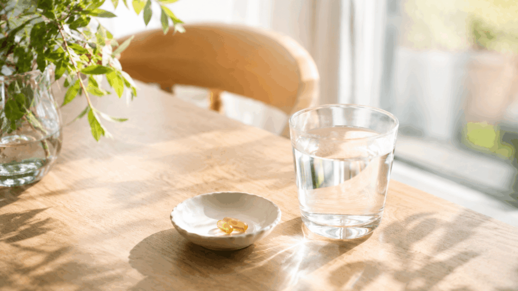 飲む日焼け止め 効かない 原因 サプリと水のグラスを並べた朝のテーブル