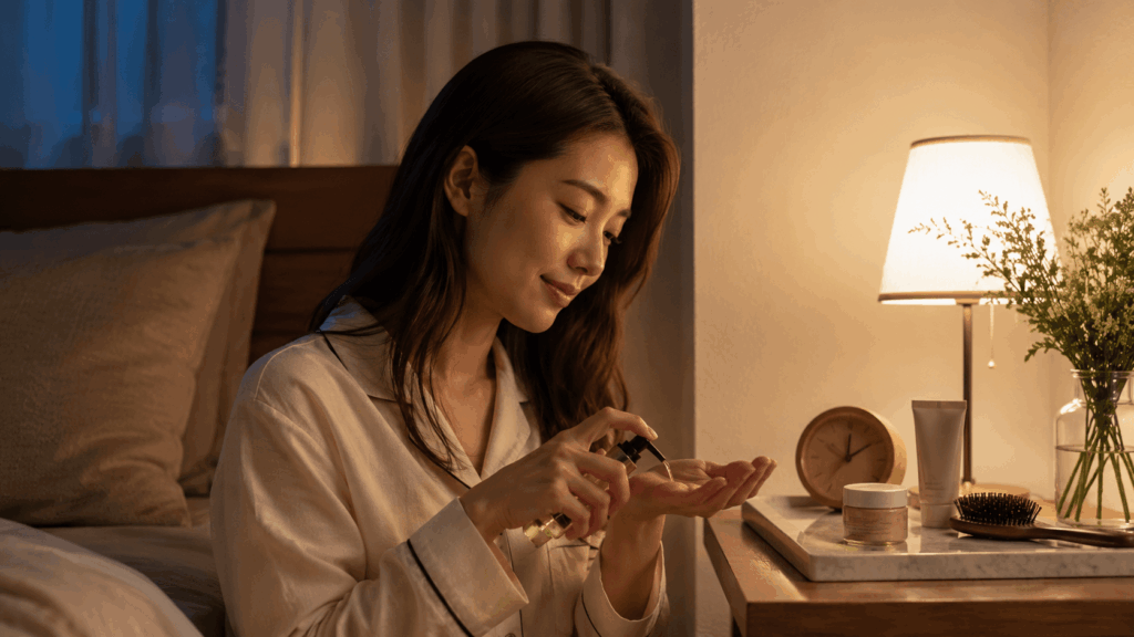 夜の補修ヘアオイルケアで翌朝の髪をリセットする様子