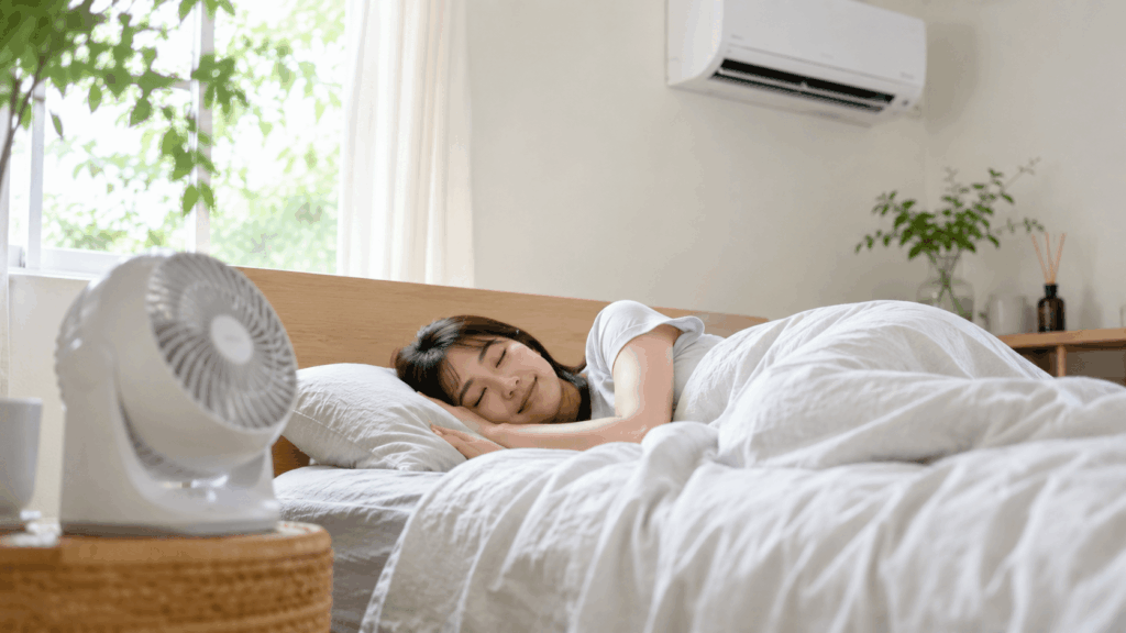 エアコンとサーキュレーターを併用した夏の快適な寝室